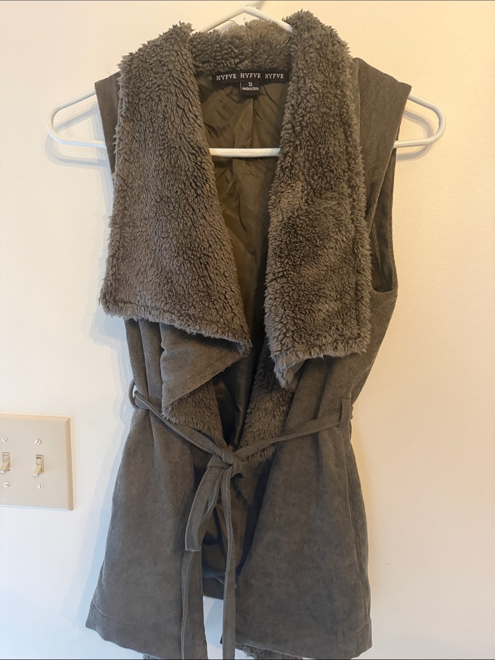 HYFVE Plush Faux-Sherpa Belted Vest in Taupe